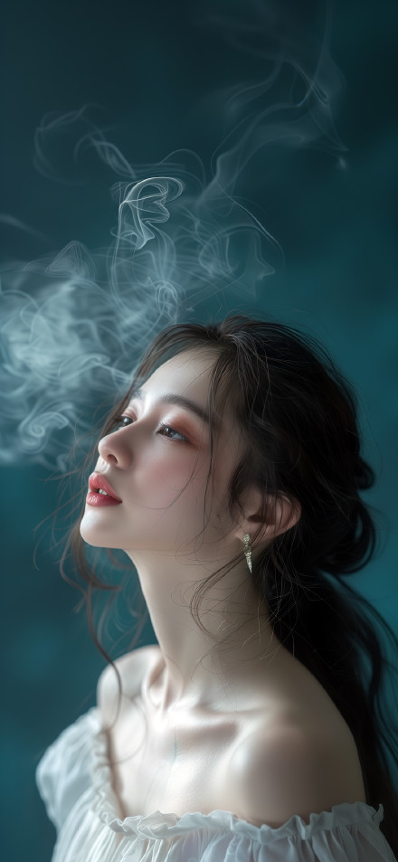 Elegant Woman Surrounded by Soft Smoke on Teal Background Wallpaper
