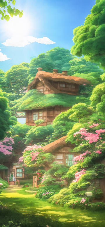 Cozy Cottages Surrounded by Green Trees 4K Cartoon Wallpaper