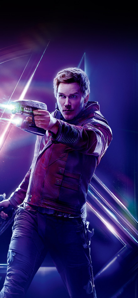 Star-Lord in a red leather jacket and holding a weapon