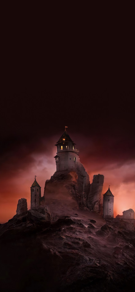 Mysterious castle on a rocky peak at dusk phone wallpaper