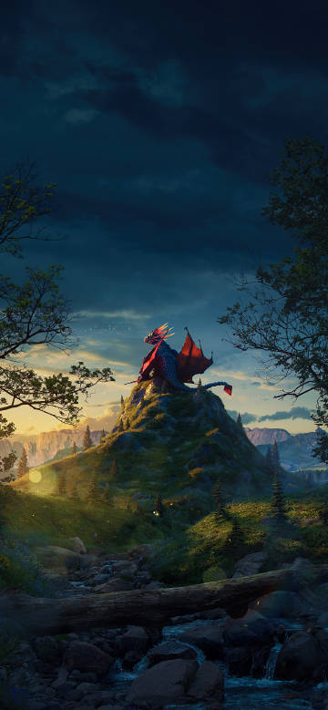 Fantastic view of a giant dragon perched on top of a mountain