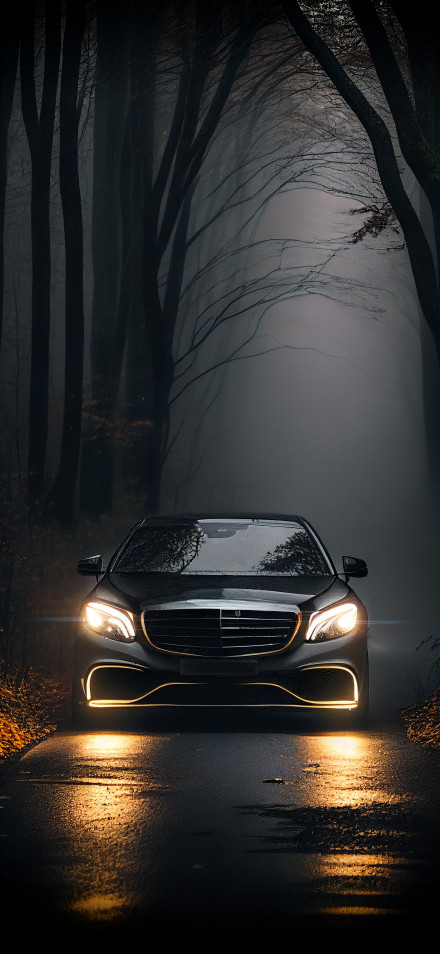 Black Mercedes In A Foggy Forest 4K Wallpaper