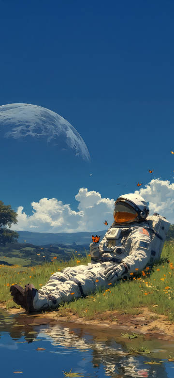 Astronaut Relaxing on Grass With Butterflies 4K Wallpaper