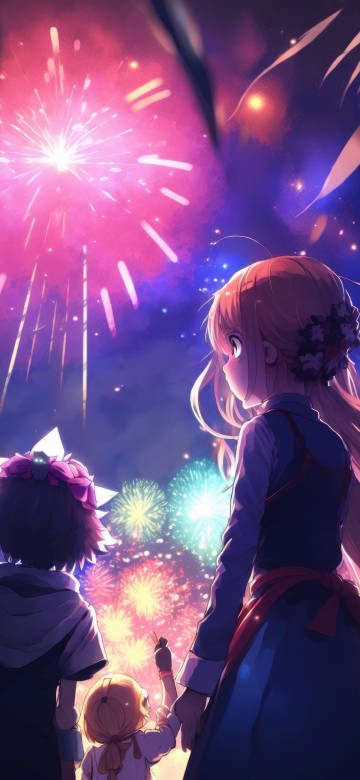 Cute Anime Girls Watching Fireworks 4K Phone Wallpaper