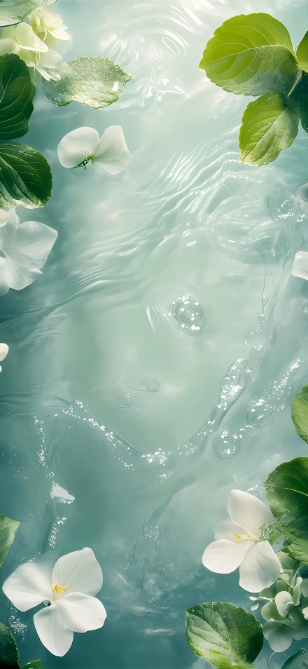 White flowers with green leaves on light green water phone wallpaper