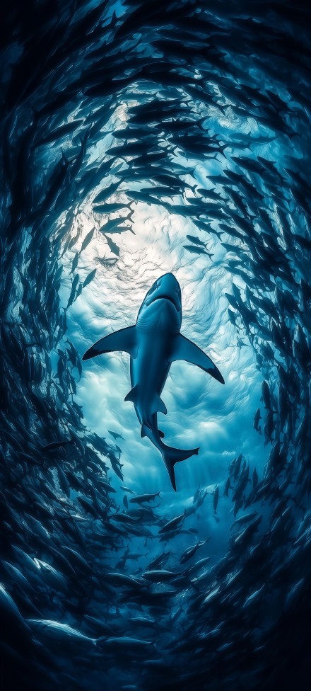 Sharks surrounded by fish in the deep sea phone wallpaper