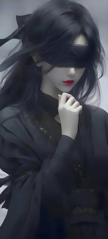 A beautiful girl dressed in black and blindfolded