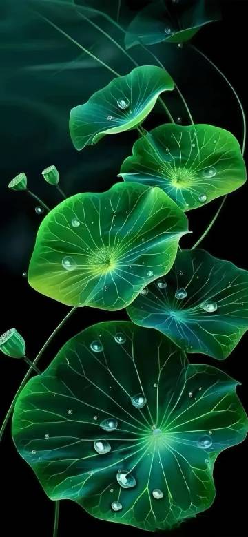 Glowing Green Lotus Leaves On A Black Background 4K  Wallpaper