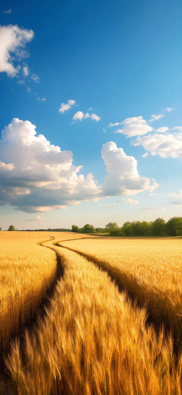 Golden rice fields under blue sky and white clouds