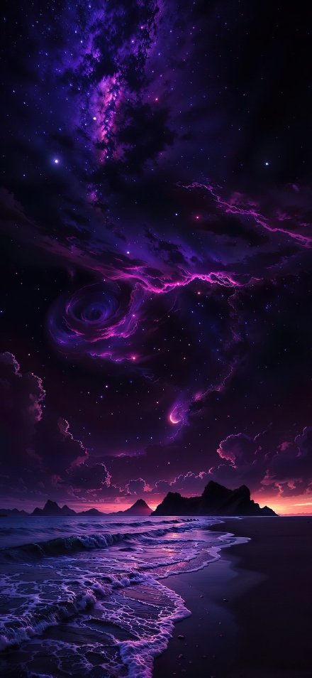 Stunning Fantasy Seascape and Purple Sky 4K phone wallpaper