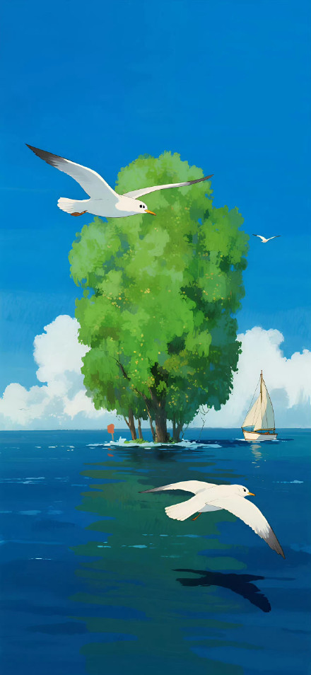 Seagulls Flying Over the Blue Sea Anime Phone Wallpaper