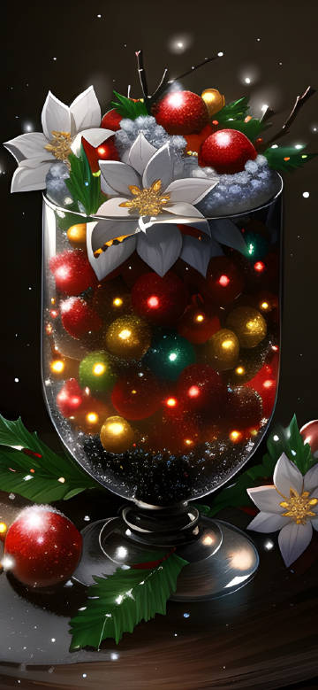 A transparent glass cup filled with sparkling colored balls