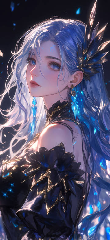Anime girl with long blue hair and gorgeous black clothes