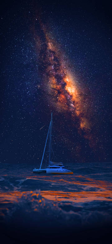 Ship sailing on the sea under the nebula phone wallpaper