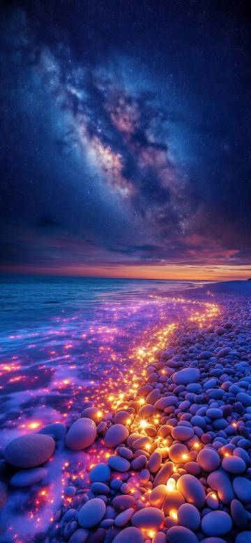 Glowing pebbles on the beach under nebula phone wallpaper