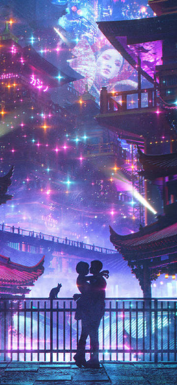 Couple in the night scene of future neon city phone wallpaper