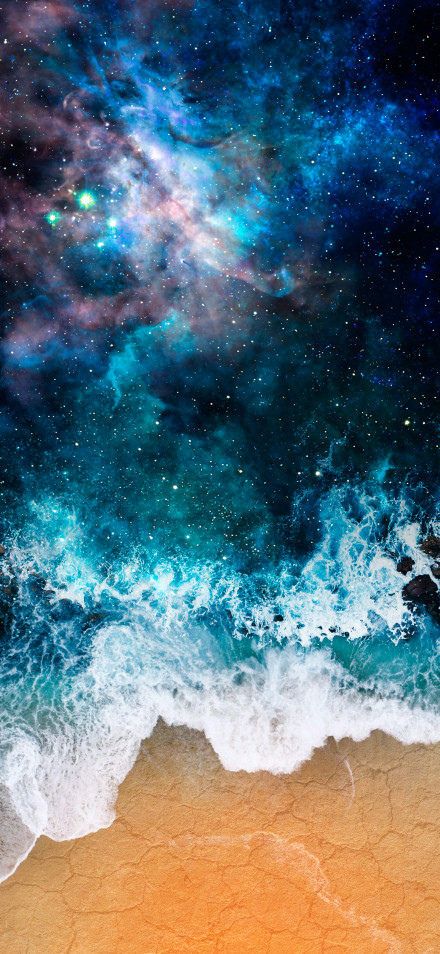 Surreal Beach Scene with Ocean Waves and Starry Sky 4K Wallpaper