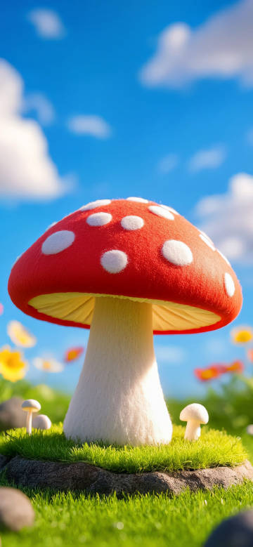 A large red mushroom with fluff under the blue sky