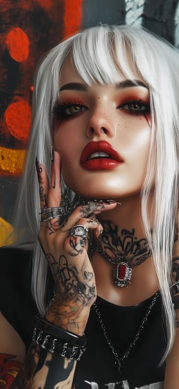 White Hair Red Lips Tattoo Girl 4K Wallpaper