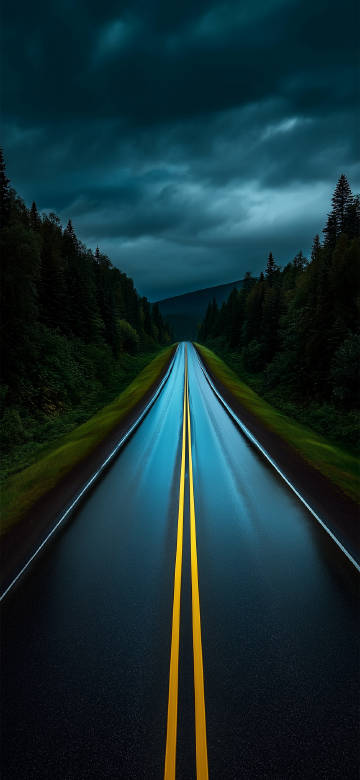 Quiet road in dense woods phone wallpaper