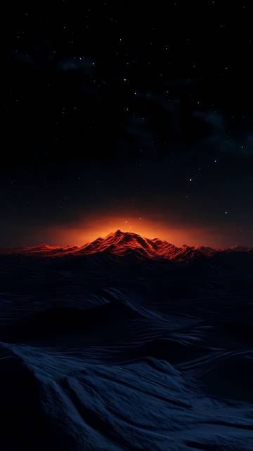 Orange Glowing Mountain Range Under Starry Sky