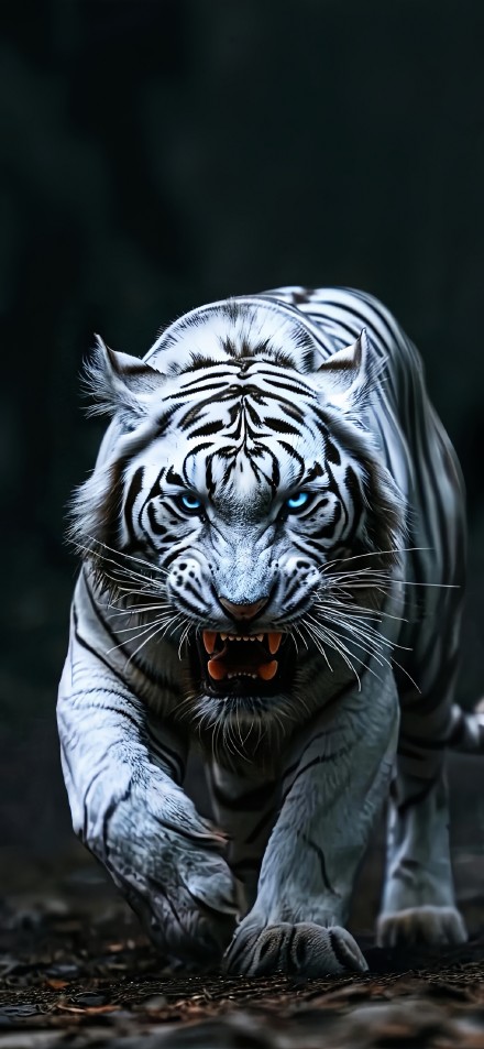 Ferocious White Tiger With Glowing Blue Eyes 4K Wallpaper