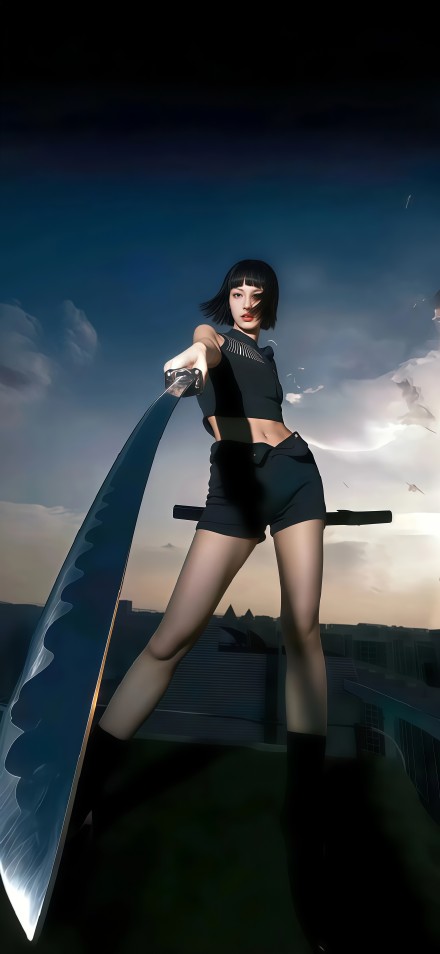 Short-Haired Girl Holding a Giant Sword 4K Phone Wallpaper
