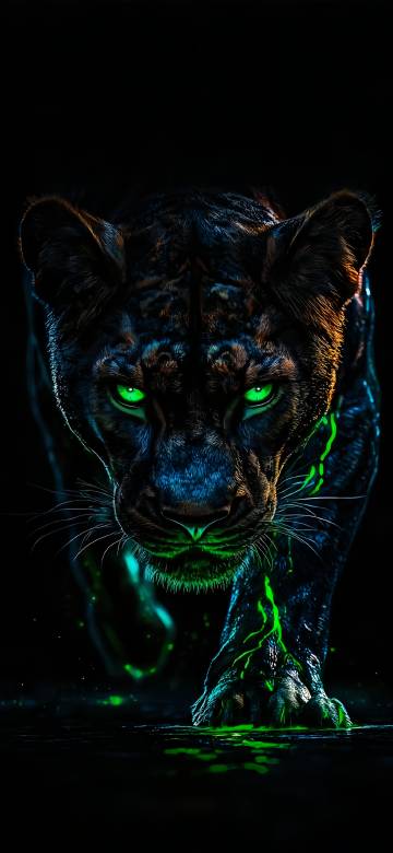 Black Panther With Glowing Green Eyes Wallpaper 4K