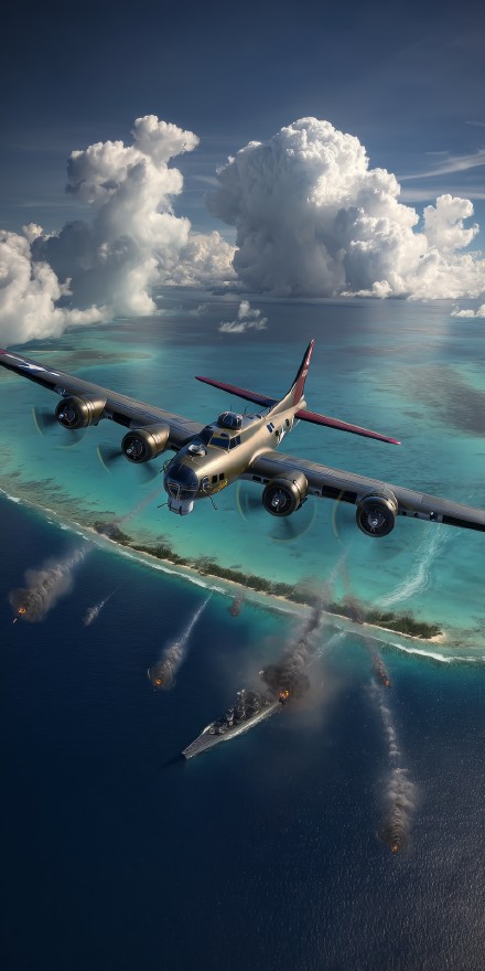 WWII Bomber In Action Over Island 4K UHD Wallpaper