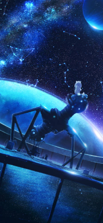 Cat-eared girl sitting on a telescope looking up at the starry sky