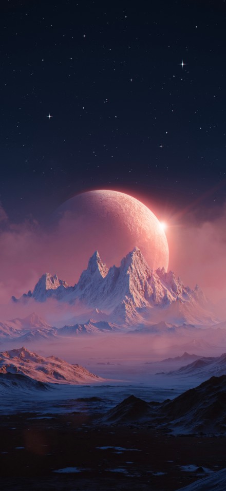 Sci Fi Planet Behind Mountains Phone Wallpaper