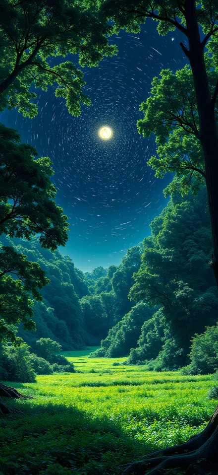 Green Forest Valley and the Whirlpool Starry Sky 4K Wallpaper