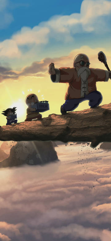 Goku, Krillin, And Master Roshi Training On A Log At Sunset