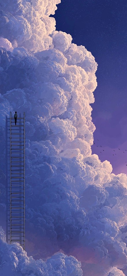 Long Ladder Climbing to the Clouds Dreamy Wallpaper