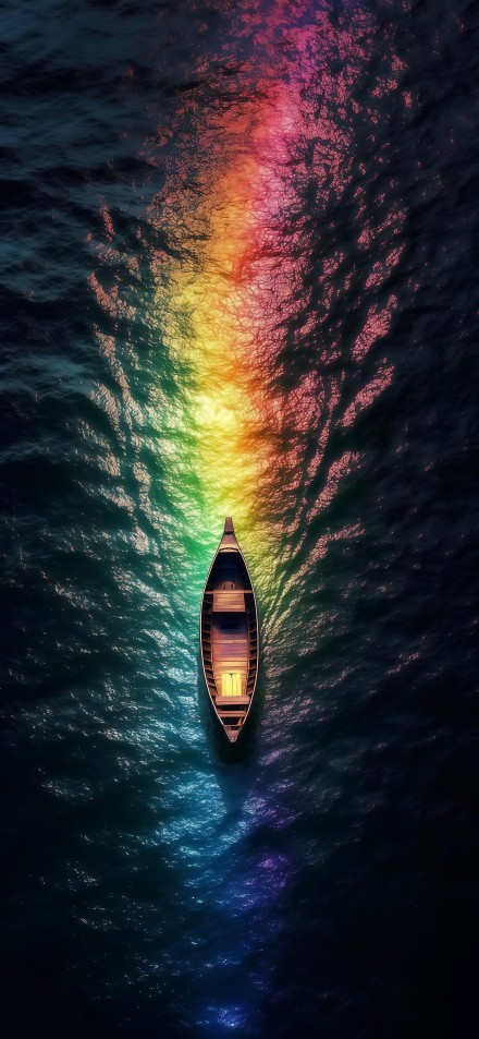 A small boat in a sea of rainbow colors