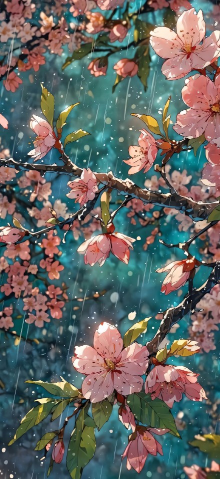 Pink Cherry Blossoms In The Rain On A Blue Background 4K Wallpaper