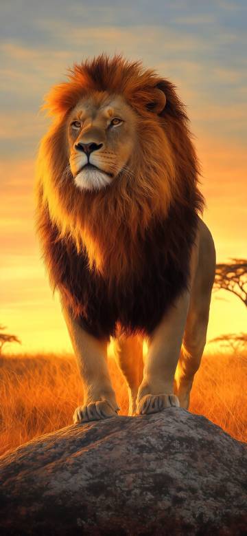 Majestic lion standing on the rock at sunset phone wallpaper