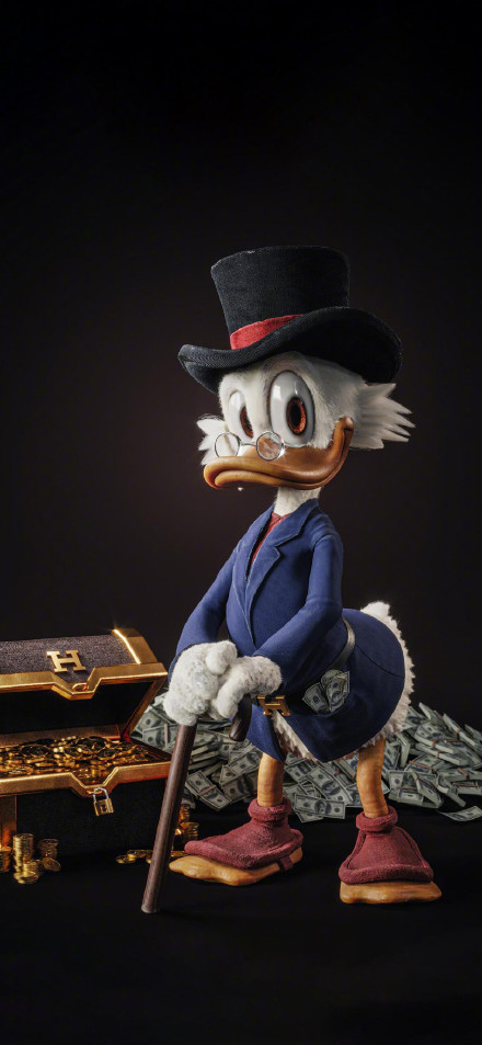 Donald Duck in fancy dress and holding a walking stick