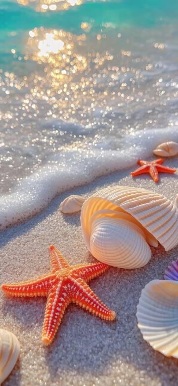Shells and starfish on the beach under sunlight phone wallpaper