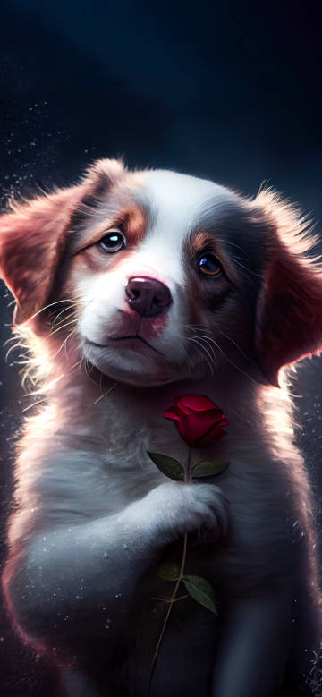 Cute puppy holding a rose wallpaper for phone Cute puppy holding a rose wallpaper for phone