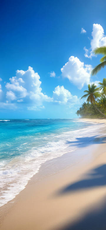 Seaside scenery wallpaper: blue sky, white clouds, blue sea, coconut trees on the seaside