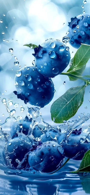 Scene of blueberries splashing in the water phone wallpaper