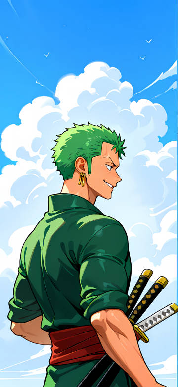 Zoro with Swords Under a Bright Blue Sky 4K Phone Wallpaper