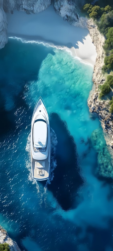 Tropical Cliff Bay and Yacht 4K Wallpaper