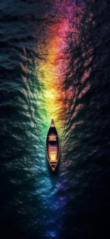 A small boat in a sea of rainbow colors