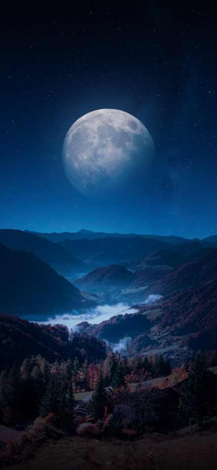 Dreamy mountain Scene under moonlight phone wallpaper