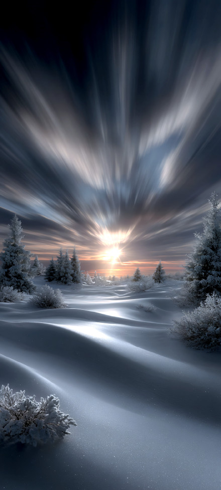Dramatic Sunset Sky Over A Snowy Winter Landscape 4K Wallpaper