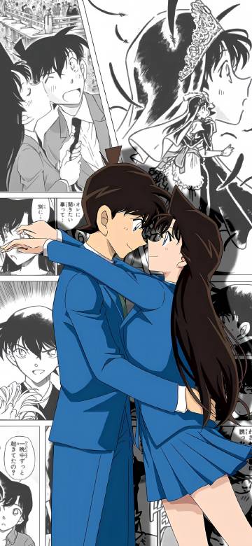 Detective Conan and Mouri Ran's romantic embrace 4K phone wallpaper