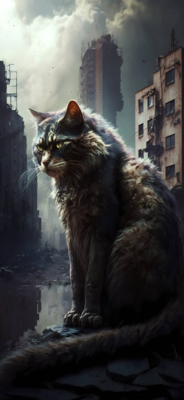 Giant Feral Cat in Ruins 4K Phone Wallpaper
