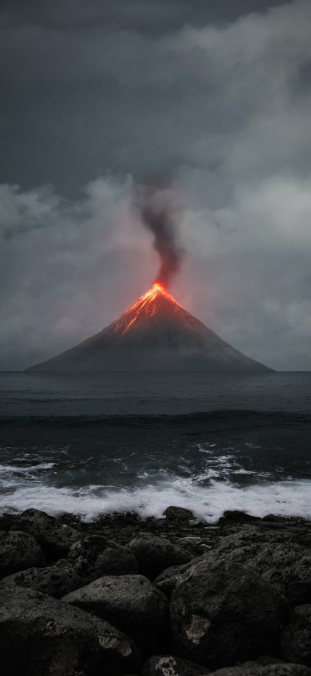 Dark Erupting Volcano With Lava Ocean View 4K Wallpaper